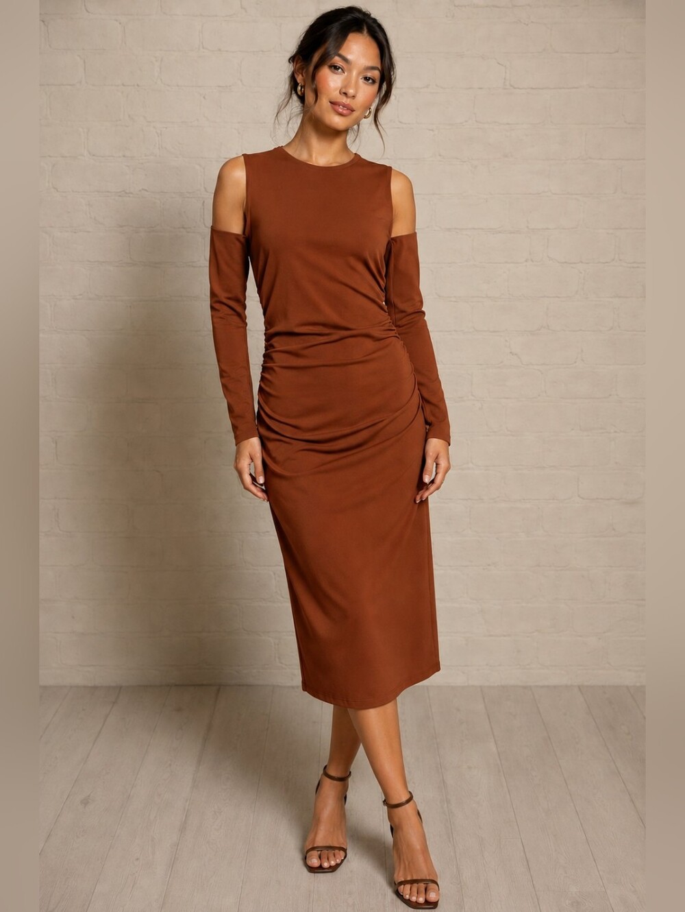 Zara ruched cut-out midi dress in a rust brown color Sm